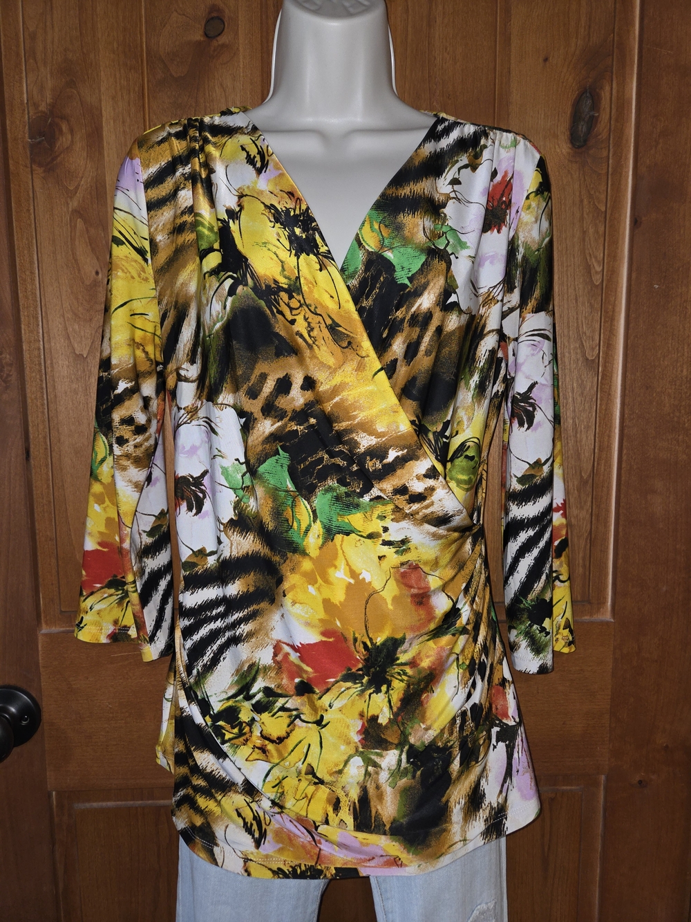 Milano V-Neck Floral Print Blouse in Yellow, Green, Black